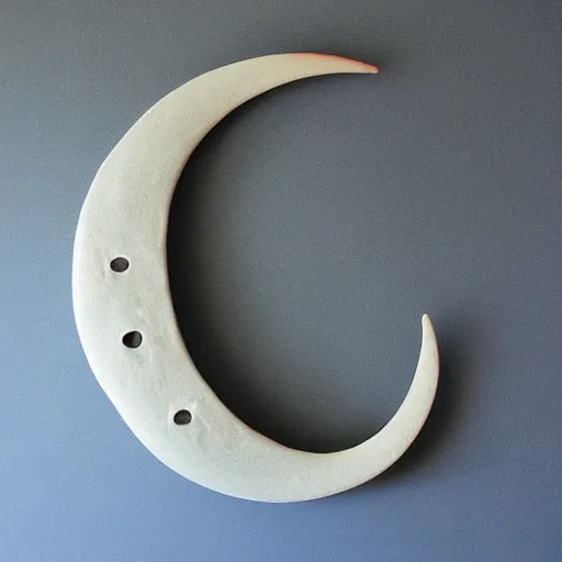 Image similar to anthropomorphic crescent moon sculpture, crescent moon face, ceramic, photograph, fine art, glazed ceramic, kitsch,