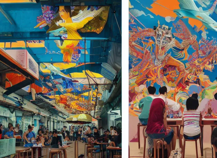 Image similar to Singapore prime ministers in a hawker centre, Tristan Eaton, victo ngai, artgerm, RHADS, ross draws