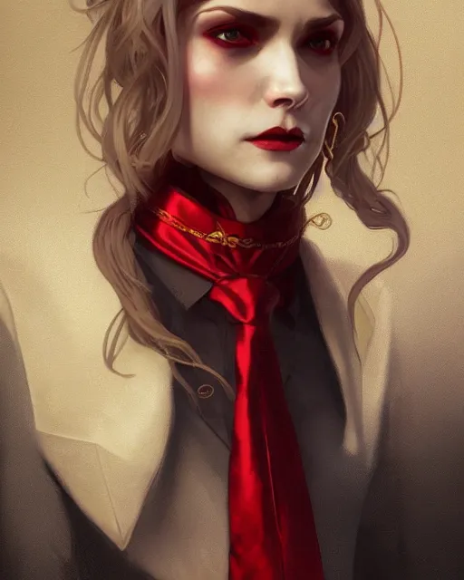 Image similar to female vampire, perfect face, gold waistcoat, red shirt, long grey hair, red necktie, cinematic, stunning, highly detailed, digital painting, artstation, smooth, hard focus, illustration, art by artgerm and greg rutkowski and alphonse mucha