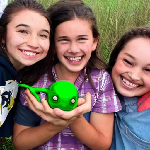 Prompt: a photograph of students smiling while holding an alien they found in a field