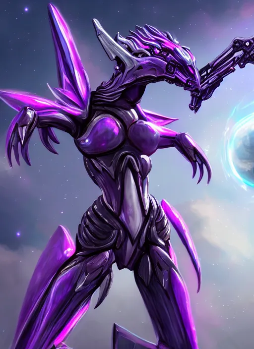 Image similar to cinematic goddess body shot, cosmic size beautiful stunning hot giant robot mecha female dragon, sharp cyborg dragon head, metal ears, led purple eyes, smooth fuschia skin, smooth silver armor, in space, epic proportions, macro, epic size, epic scale, furry art, dragon art, giantess art, warframe fanart, furaffinity, octane