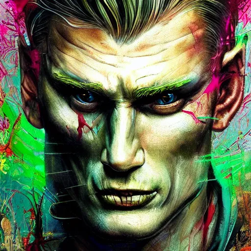 Prompt: a Demon Slayer portrait of Dolph Lundgren, tall, pale-skinned, slender with lime green eyes and long eyelashes by Stanley Artgerm, Tom Bagshaw, Arthur Adams, Carne Griffiths, trending on Deviant Art, street art, face enhance, chillwave, maximalist, full of color, glittering