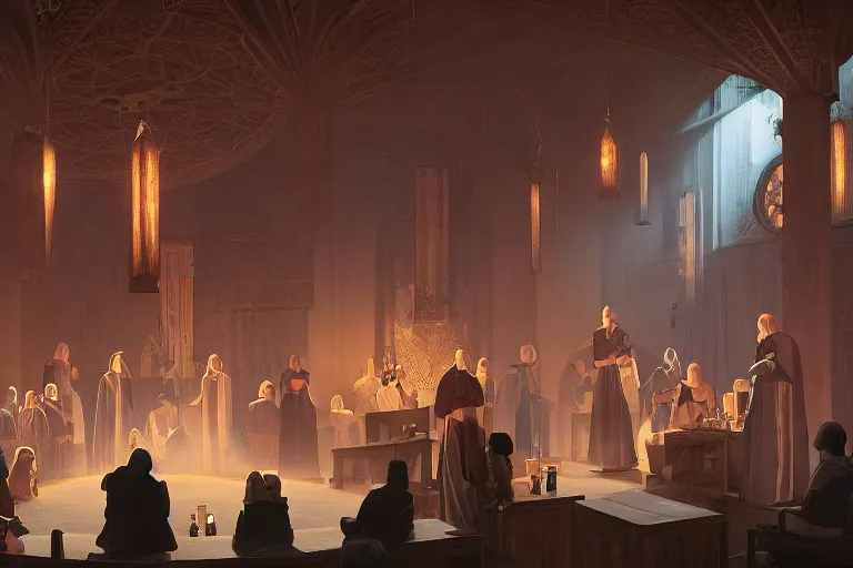 Image similar to cultist secret meeting taking place in an art deco townhall in a oriental medieval fantasy village. incredible voluminous indirect soft glow cinematic lighting, hyperdetailed features, movie still, intricate, octane render, unreal engine, crepuscular rays, god rays, by beeple and rhads and donato giancola