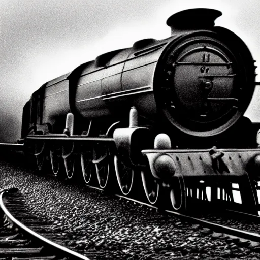 Image similar to a hyperdetailed black and white photograph of the flying scotsman on the rails producing lots of black smoke in an old timey city, night, dense fog, rain, hd, 8 k, cinematic, volumetric lighting