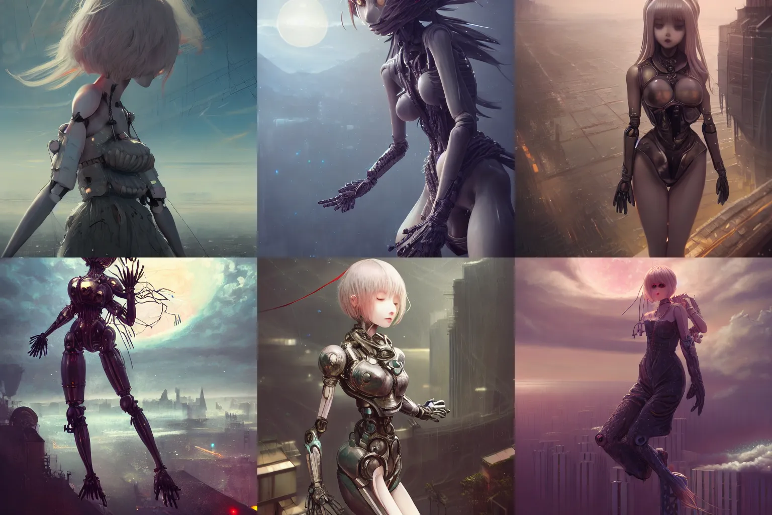 Prompt: detailed, sharp, dreaming humanoid female automata floating above a dystopia by WLOP, digital art, surreal, trending on artstation, anime arts, featured on Pixiv, HD, 8K, highly detailed, good lighting, beautiful, epic