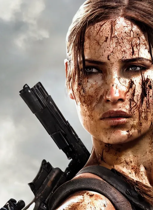 Image similar to a film still of lara croft as swat cop, her face muddy and sweat, direct sun light, close up potrait, cinematic,