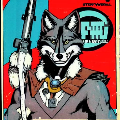 Image similar to 1 9 8 0 s comic book cover scan featuring a portrait of villain male wolf o'donnell anthropomorphic wolf furry fursona from starfox wearing a dark space mercenary uniform, dark grey wolf, handsome eyes, wolf o'donnell