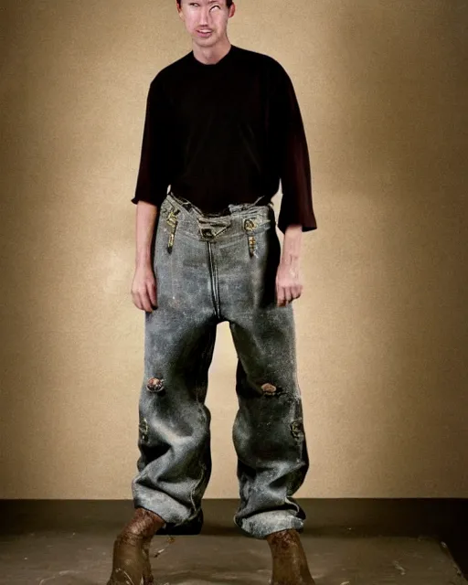 Image similar to an award - winning photo of an ancient male model wearing a plain boot cut flared distressed medieval designer mensweartrousers designed by alexander mcqueen, 4 k, studio lighting, wide angle lens, 2 0 0 4