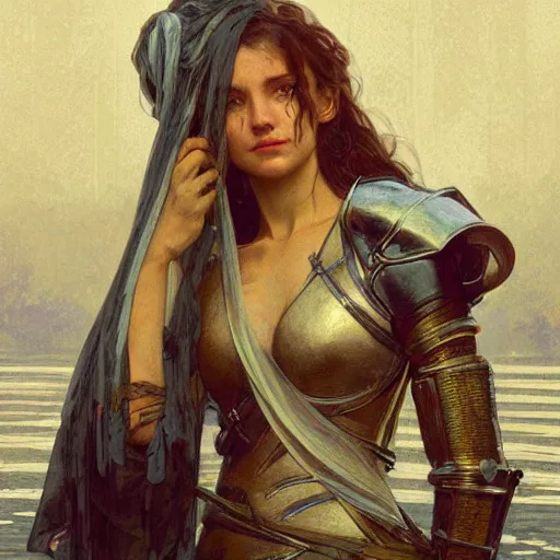 Image similar to A bust portrait of A female knight sitting by the lake by greg rutkowski and alphonse mucha,In style of Dark Fantasy digital art illustration.WLOP.hyper detailed,smooth, sharp focus,trending on artstation,4k