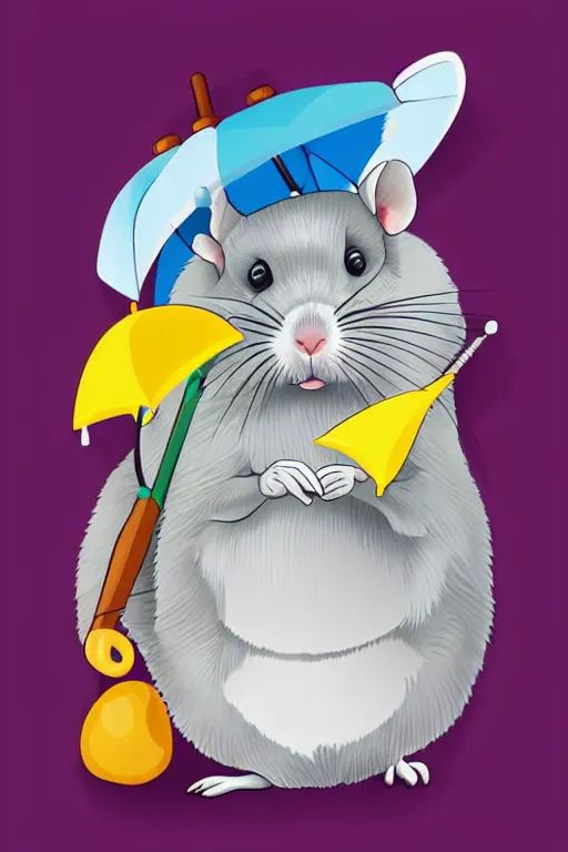 Prompt: Portrait of a cute chinchilla with umbrella, sticker, andromorphic, colorful, illustration, highly detailed, simple, smooth and clean vector curves, no jagged lines, vector art, smooth