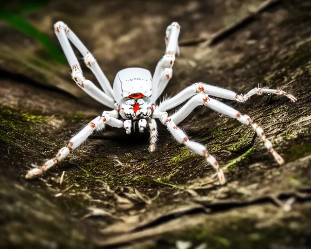 Prompt: photo of a white cyborg spider with biomechanical body in the forest. cyberpunk horror style. highly detailed 8 k. intricate. nikon d 8 5 0 5 5 mm. award winning photography.