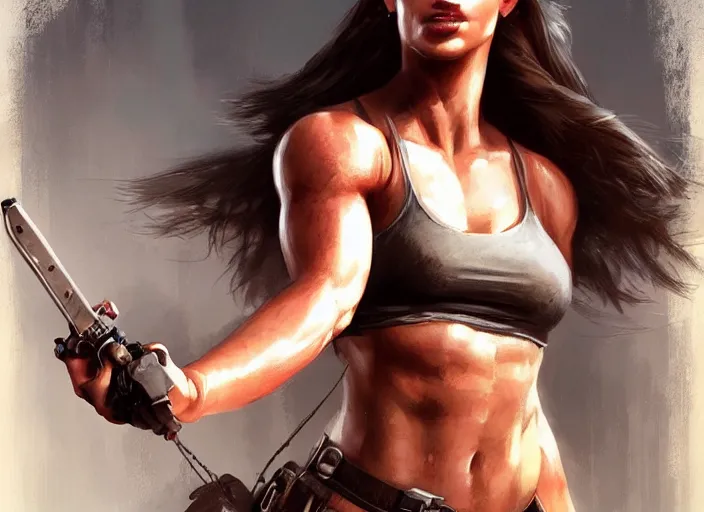 Prompt: portrait of lara croft as a beautiful female bodybuilder android with plump lips, elegant, fantasy, hd shot, digital portrait, beautiful, artstation, comic style, by artgerm, guy denning, jakub rozalski, magali villeneuve and charlie bowater