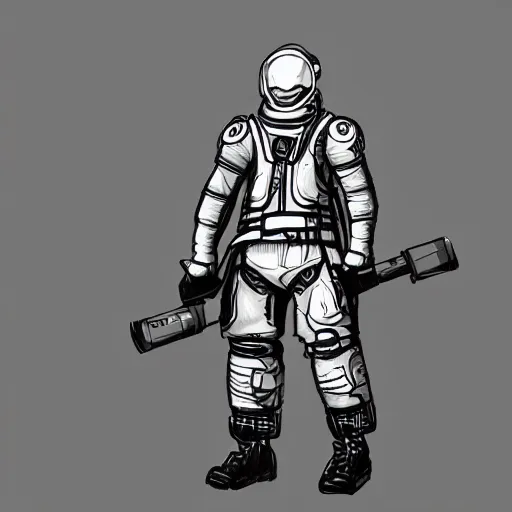Image similar to concept art of a game character future weapon space suit Kim Jung Gi black and white