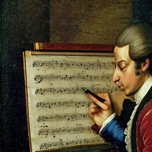 Image similar to a renaissance painting of mozart writting a piece of music on a sheet. He is staring at the sheet with one hand on his head.