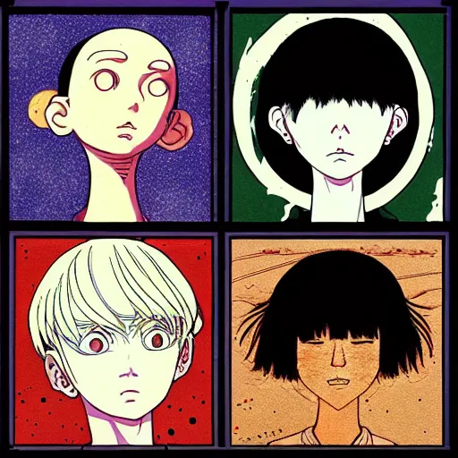 Image similar to prompt: Fragile looking flat colors portrait face drawn by Katsuhiro Otomo and Suehiro Maruo, inspired by Paprika anime, magical and alchemical objects on the side, soft light, monochrome background, intricate detail, intricate ink painting detail, sharp high detail, manga and anime 2000