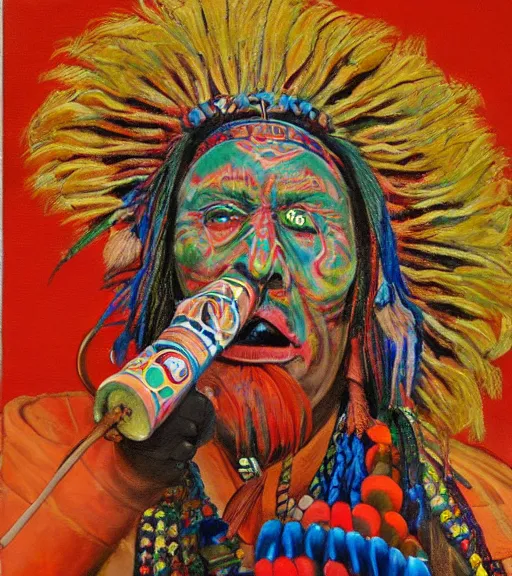 Image similar to Painting of a shaman dressed in a colorful traditional clothes. He is smoking a pipe and blowing out smoke which is morphing into fractals