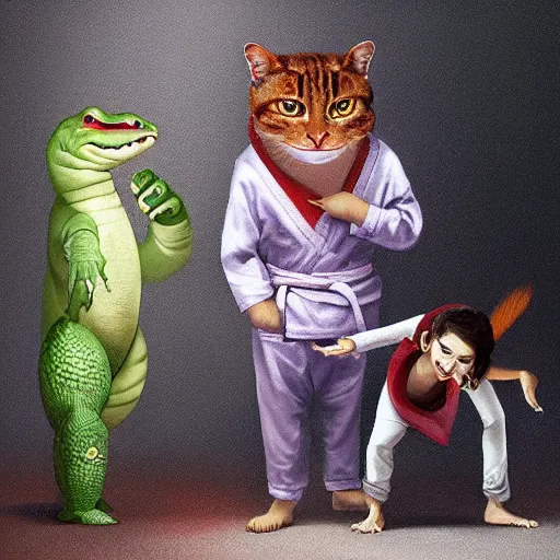 Prompt: a female humanoid carrote in a karate suit having a conversation with a humanoid detective alligator while a half cat half avocado watches painted by stanley lau, greg rutkowski, stanley artgem
