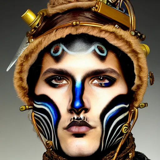 Image similar to an award finning closeup facial portrait by akseli kallen gallela luis rogyo and john howe of a bohemian male cyberpunk traveller clothed in excessivelyg fashionable 8 0 s haute couture fashion and wearing ornate art nouveau body paint