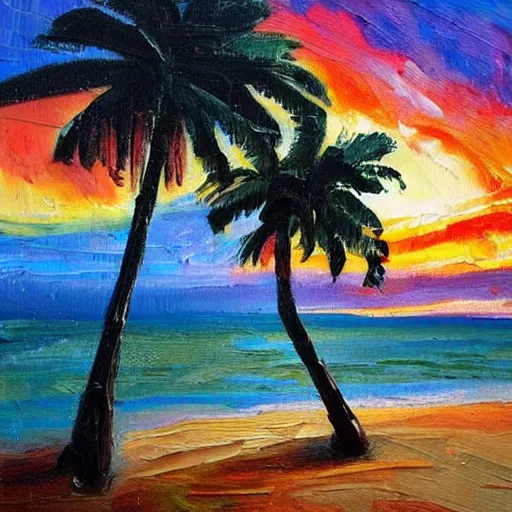 Image similar to a very very small island! woman!!! fireplace!! palm trees, dark very late evening cloudy sunset, dramatic and dynamic lighting, thick brush strokes oil impasto painting