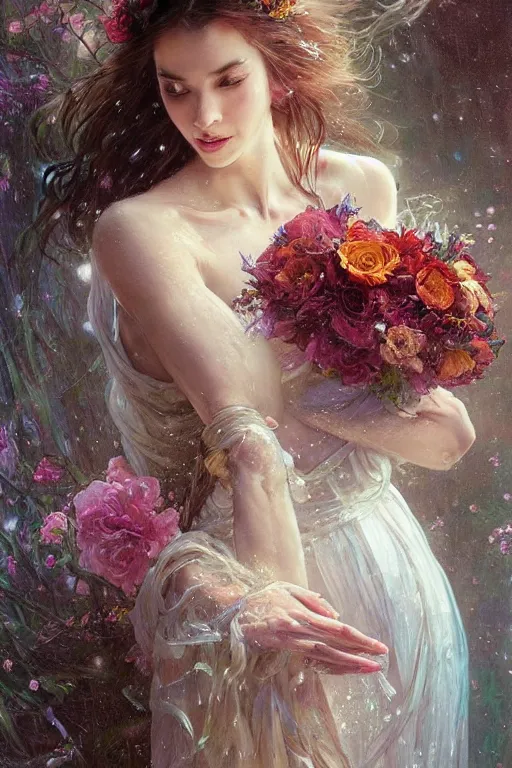 Image similar to portrait of a beautiful mysterious woman holding a bouquet of flowing flowers, drenched clothing, wet dripping long hair, hands hidden under the bouquet, emerging from the water, fantasy, regal, intricate, by stanley artgerm lau, greg rutkowski, thomas kindkade, alphonse mucha, loish, norman rockwell