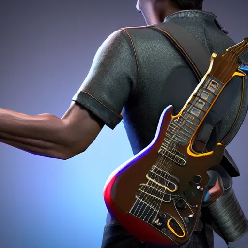 Prompt: shoulder shot of a high tech solider holding a electric guitar in shotting position, vibrant colors, 8k, highly detailed, octane render, unreal engine, ultra realistic