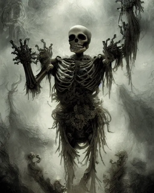 Prompt: ghostly skeletons wreathed in dark smoke dancing, scenic full shot, ambient lighting, detailed face, by alan lee, rembrandt, stanley artgerm lau
