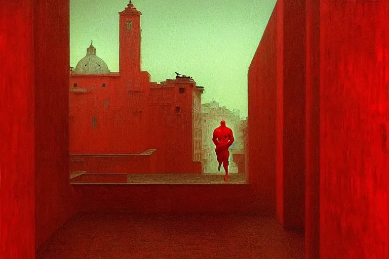 Image similar to only with red, caesar after war, a red tiger, in hoc signo vinces, rome in background, an ancient path, in the style of beksinski, part by hopper, part by rodcenko, part by hofbauer, intricate composition, red by caravaggio, insanely quality, highly detailed, masterpiece, red light, artstation