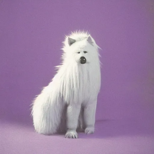 Image similar to a photo of a white fur monster standing in a purple room