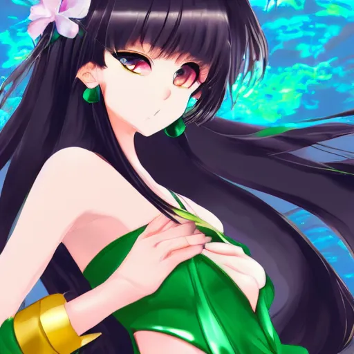 Image similar to minerals, emerald, anime girl, full length