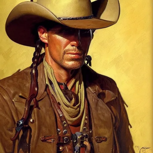 Prompt: a man, cowboy hat, portrait, wild west, fantasy, highly detailed, oil painting, artstation, concept art, illustration, art by J. C. Leyendecker and norman rockwell