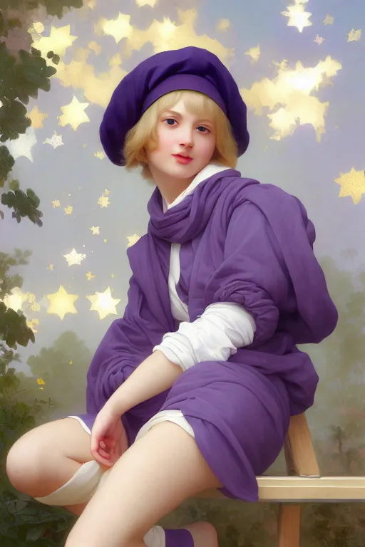 Image similar to Full View girl with short blond hair wearing an oversized purple Beret, Baggy Purple overall shorts, Short Puffy pants made of silk, silk shoes, a big billowy scarf, Golden Ribbon, and white leggings Covered in stars. Short Hair. masterpiece 4k digital illustration by Ruan Jia and Mandy Jurgens and Artgerm and william-adolphe bouguereau, award winning, Artstation, art nouveau aesthetic, Alphonse Mucha background, intricate details, realistic, panoramic view, Hyperdetailed, 8k resolution, intricate art nouveau