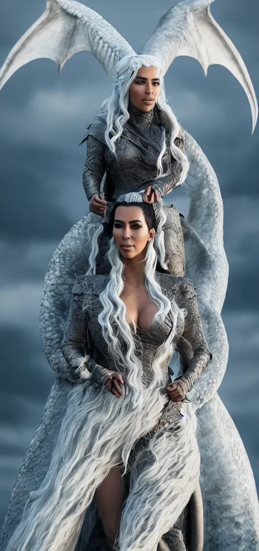 Image similar to full-body photograph of Kim Kardashian as Daenerys Targaryen riding a dragon, XF IQ4, 150MP, 50mm, F1.4, ISO 200, 1/160s, natural light