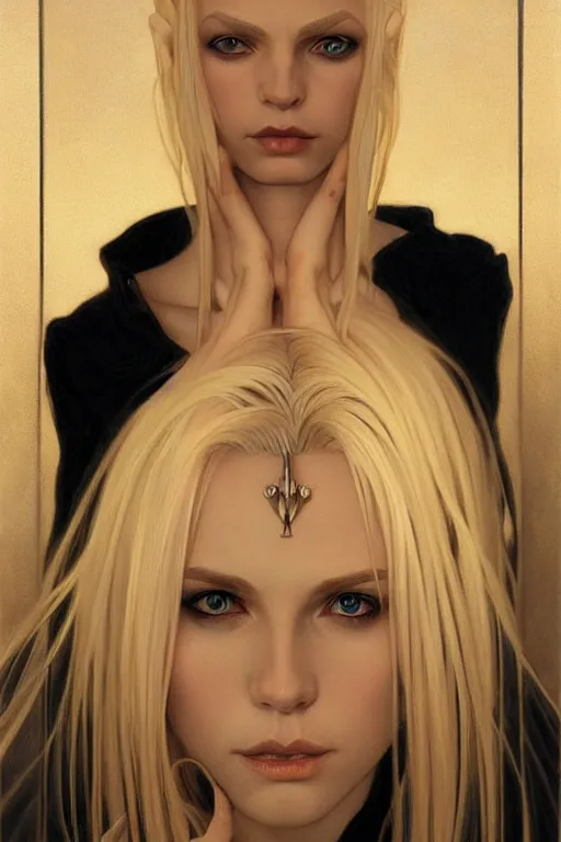 Image similar to portrait of a blonde vampire, dark, piercing eyes, gentle expression, elegant clothing, photorealistic, highly detailed, artstation, smooth, sharp focus, art by michael whelan, artgerm, greg rutkowski and alphonse mucha