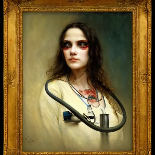 Image similar to photorealistic painting of a female nurse with a tattooed face, realistic eyes, symmetric face, beautiful bone structure, dark blonde long hair, painting by gaston bussiere