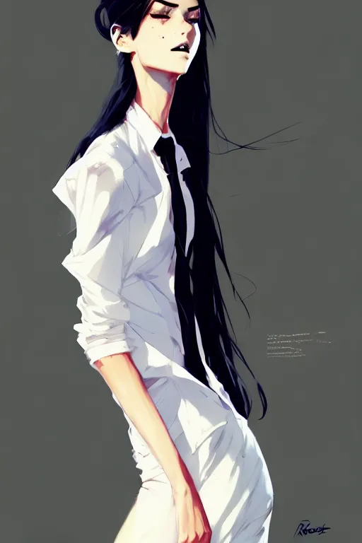 Image similar to a ultradetailed full body portrait of a woman dressed in a white shirt with a tie, by conrad roset, greg rutkowski and makoto shinkai trending on artstation