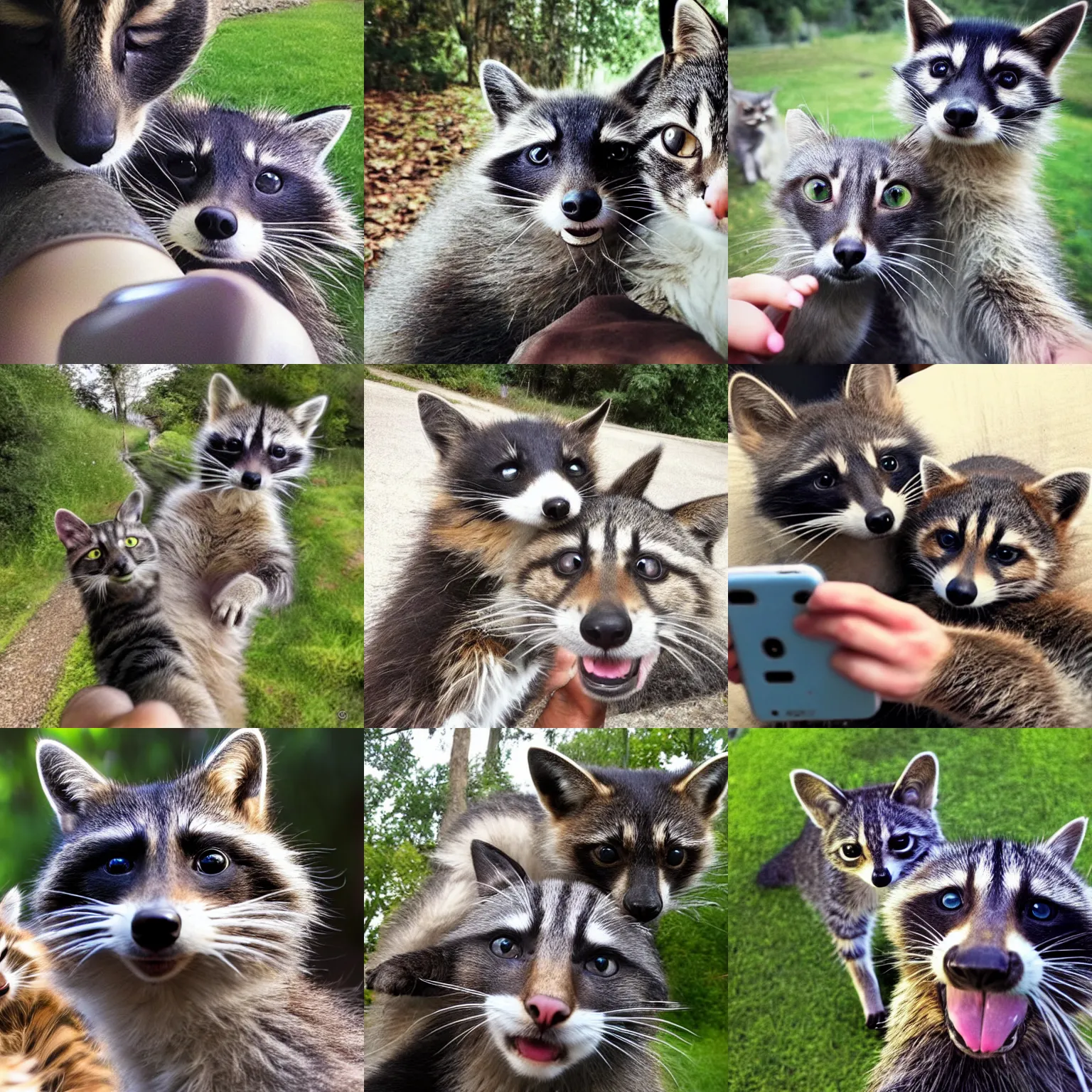 Prompt: a photo selfie of cat and raccoon, best friends