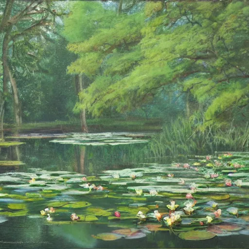 Prompt: a pond with water lillies in the forest, in the style of Gordon Onslow Ford,