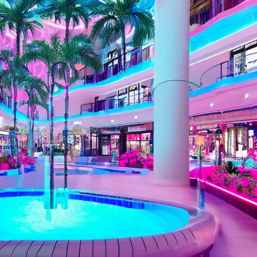 Image similar to an indoor mall with palm trees and pools, pink and blue lighting, everything floats in space