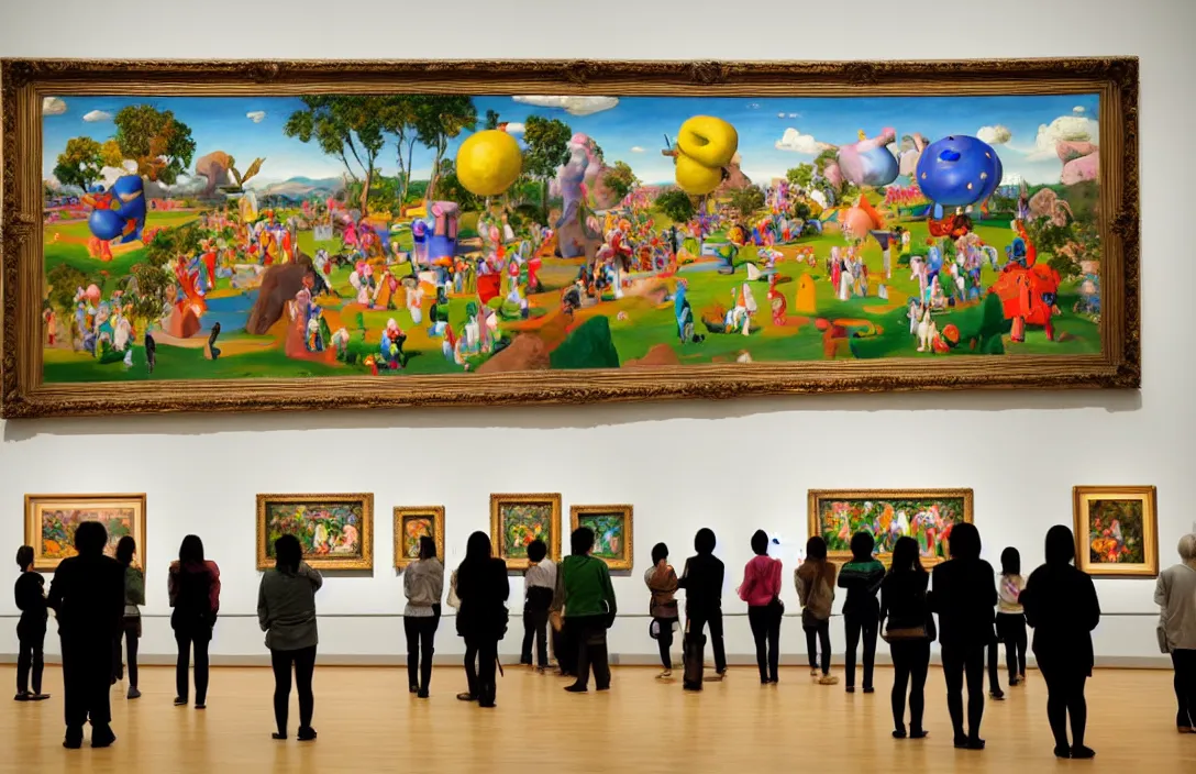 Prompt: art museum patrons stand to the side and look at a massive framed mural depicting a painting of a painting of a painting of a painting of a painting in the style of katamari damacy