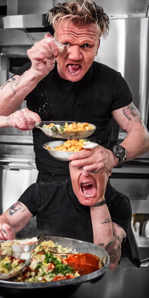 Prompt: Gordon Ramsay eating slop out of a trash can while screaming, still from Kitchen Nightmares, dramatic candid shot, HD 8K 1080p,