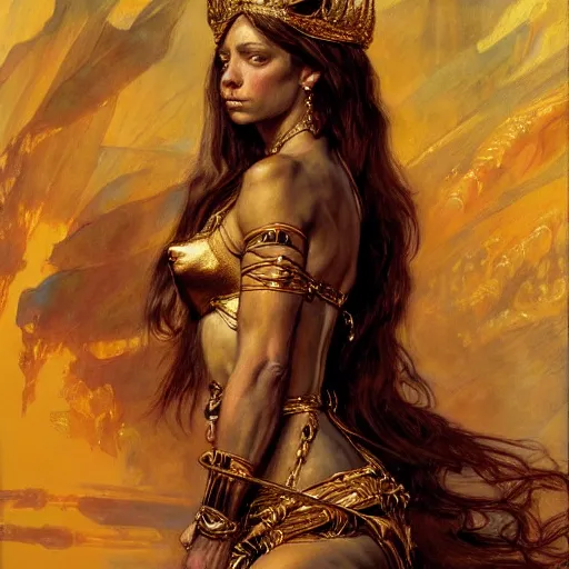 Prompt: highly detailed portrait of a majestic lioness queen in the form of a beautiful woman. d & d. art by eugene delacroix and donato giancola. trending on artstation, intricate details, energetic composition, golden ratio, concept art, illustration, elegant art, global illuminaition