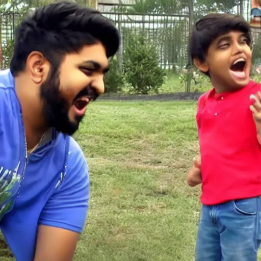 Prompt: mutahar from the youtube channel someordinarygamers laughing at a little kid