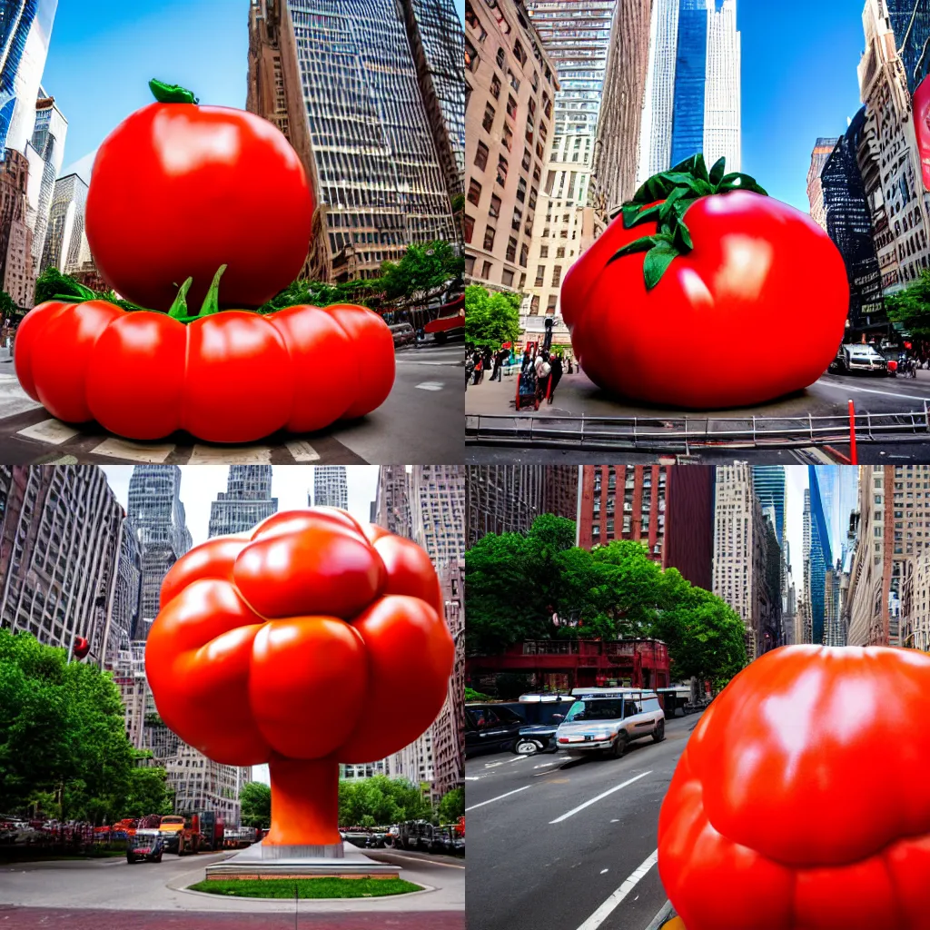 Prompt: a photograph of a gigantic extremely big tomato statue, in the middle of new york, shot with premium dslr camera