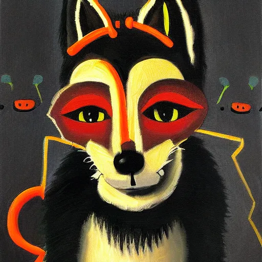 Image similar to portrait of a male anthro black fox furry fursona wearing a salsa dance suit, 1 9 7 0 s oil on canvas painting, by famous artist jylon denja