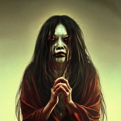 Image similar to horrifying creepy futakuchi - onna portrait, atmospheric lighting, painted, menacing, intricate, volumetric lighting, beautiful, rich deep colours masterpiece, golden hour, sharp focus, ultra detailed, by leesha hannigan, ross tran, thierry doizon, kai carpenter, ignacio fernandez rios