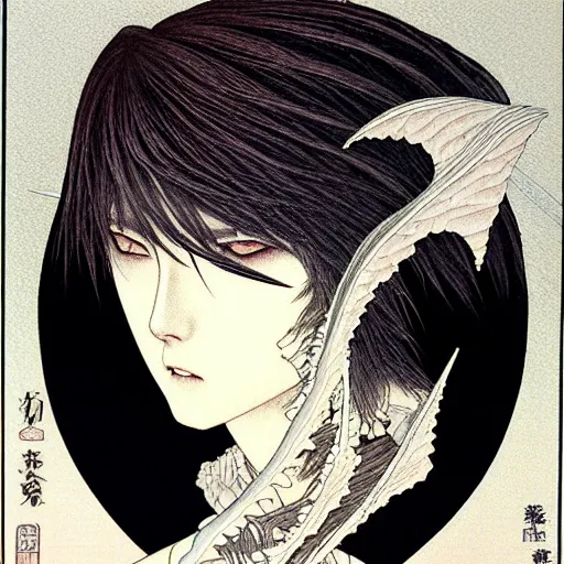 Image similar to prompt: Fragile looking vessel portrait soft light drawn by Takato Yamamoto, inspired by Fables, black ancient chrome knight armor, magical and alchemical weapons, soft light, white background, intricate detail, intricate oil painting detail, sharp high detail, manga and anime 2000