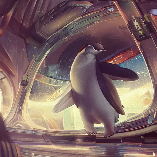 Prompt: magical penguin in a space station looking at the earth , realistic cinematic, volumetric lighting, centered, symmetrical, sharp focus, digital painting, mystical art, smooth, trending on Artstation, 4k