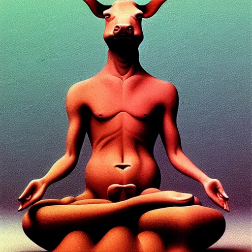 Prompt: 3D matte illustration of a cow sitting in lotus position by Zdzisław Beksiński