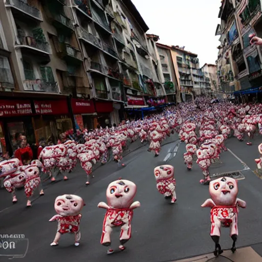 Image similar to the running of the giant screaming bob ross dolls in pamplona spain