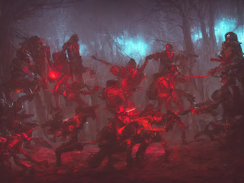 Image similar to tactical combat squad in red hoods fighting otherworldly monsters werewolves between the mystical foggy swamp dieselpunk style. Style as if Dan Mumford and Steven Belledin make game in Unreal Engine, photorealism, colorful, finalRender iridescent fantasy concept art 8k resolution concept art ink drawing volumetric lighting bioluminescence, plasma, neon, brimming with energy, electricity, power, Colorful Sci-Fi Steampunk Biological Living, cel-shaded, depth, particles, lots of reflective surfaces, subsurface scattering